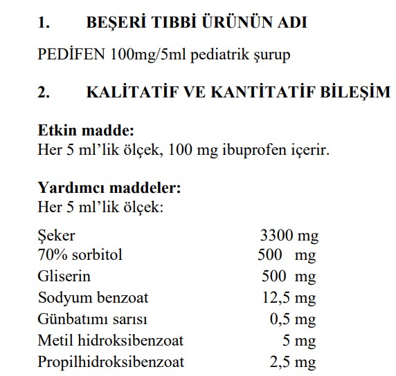 Pedifen Surup etken ve yardimci madde